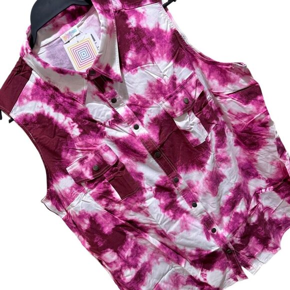 LuLaRoe Size 3XL Roxanne‎ Pink Tie Dye Sleeveless Snap-Front Collared Shirt NWT - Picture 2 of 9